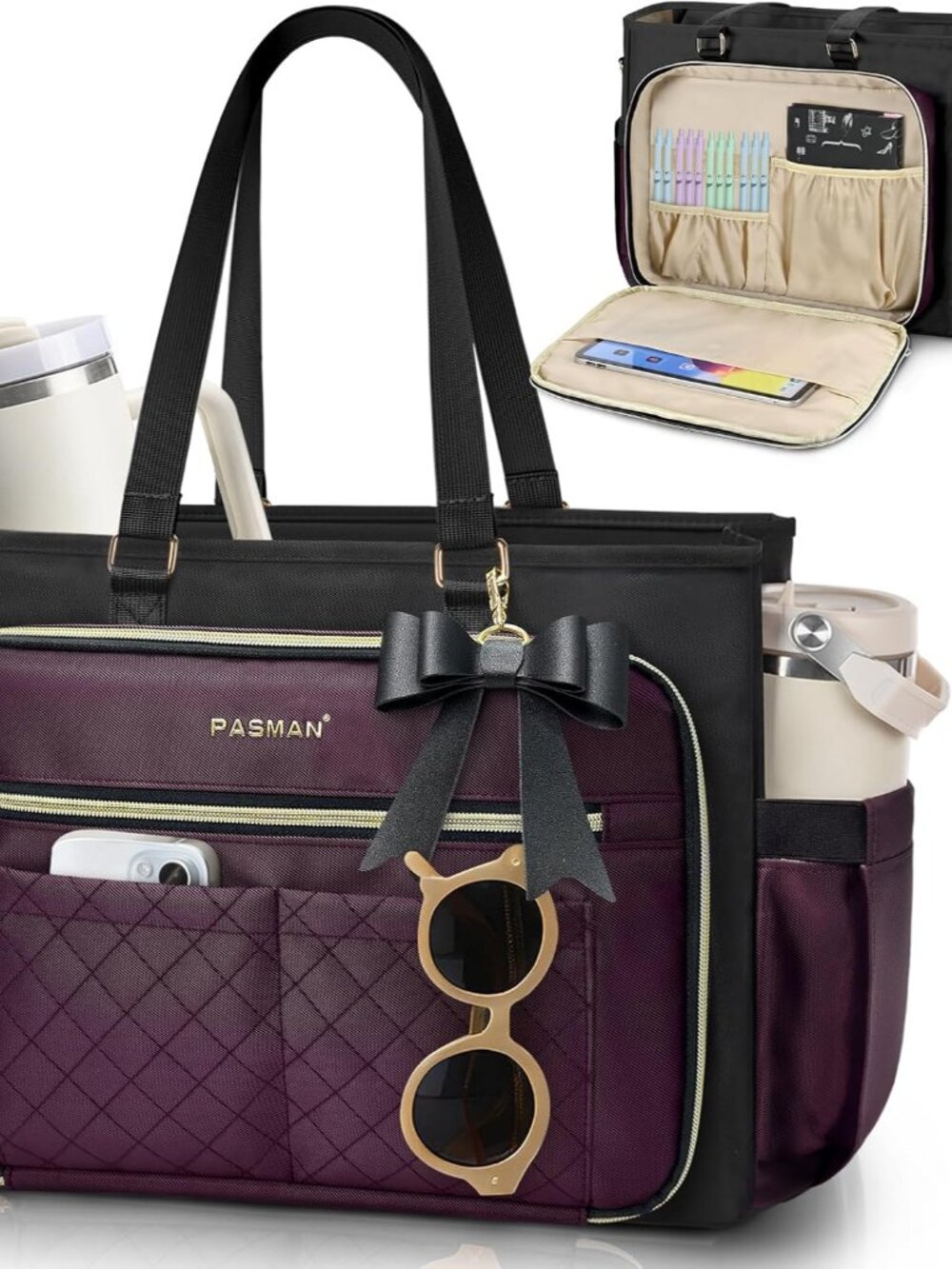 Teacher Tote Bag for Women - Structured Laptop Bag, Cup Holder